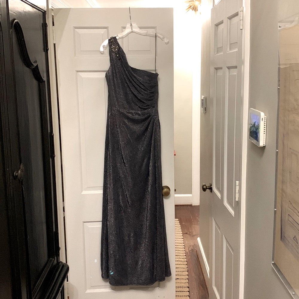 Flattering pewter colored formal! Altered from size 10 to appx a small size 8.